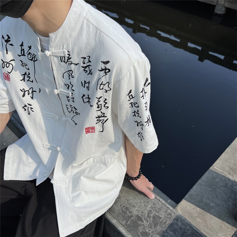 现货！新款书法刺绣复古盘扣五分袖立领开衫衬衫男T2881-P65,男装T恤,电商A021