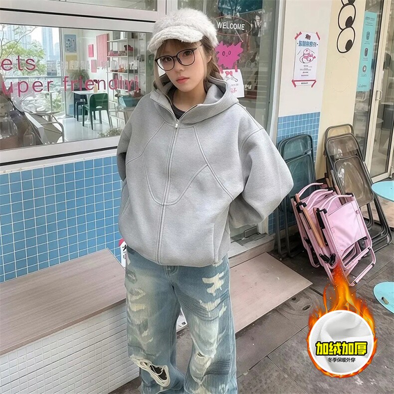 480G重磅加绒硬挺boxy男女秋冬美式高街结构高领卫衣开衫厚外套,女装短外套,电商A486-1