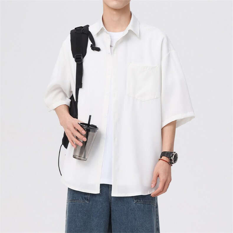 GENIOLAMODE蓝色冰丝短袖衬衫男夏季高级感街头百搭休闲情侣衬衣,男装衬衫,电商A102
