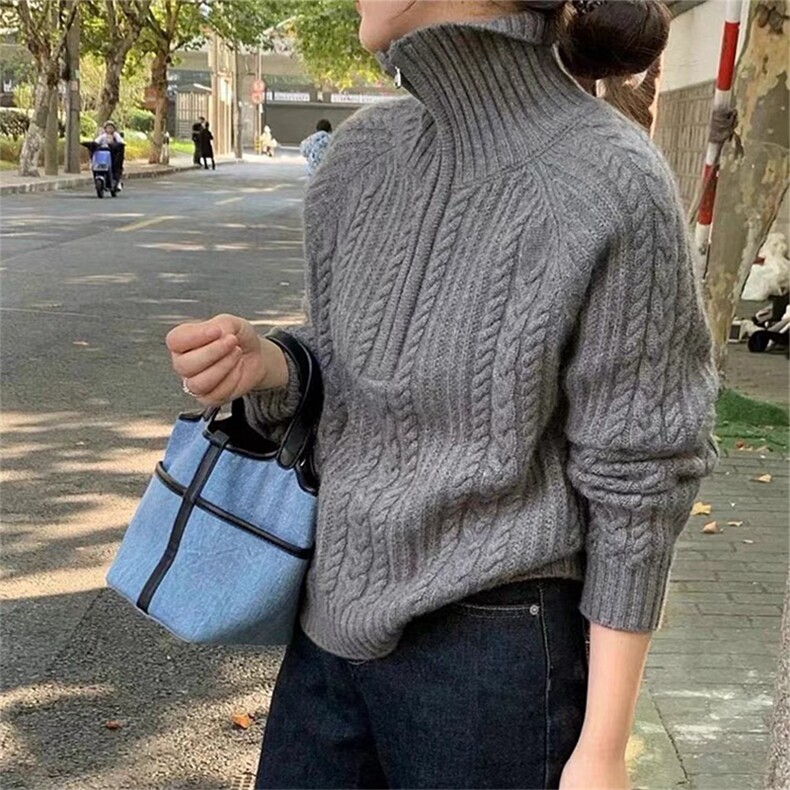 时尚高领麻花针织毛衣女显瘦百搭秋冬新款羊毛衫,女装羊毛衫,泰沅羊绒