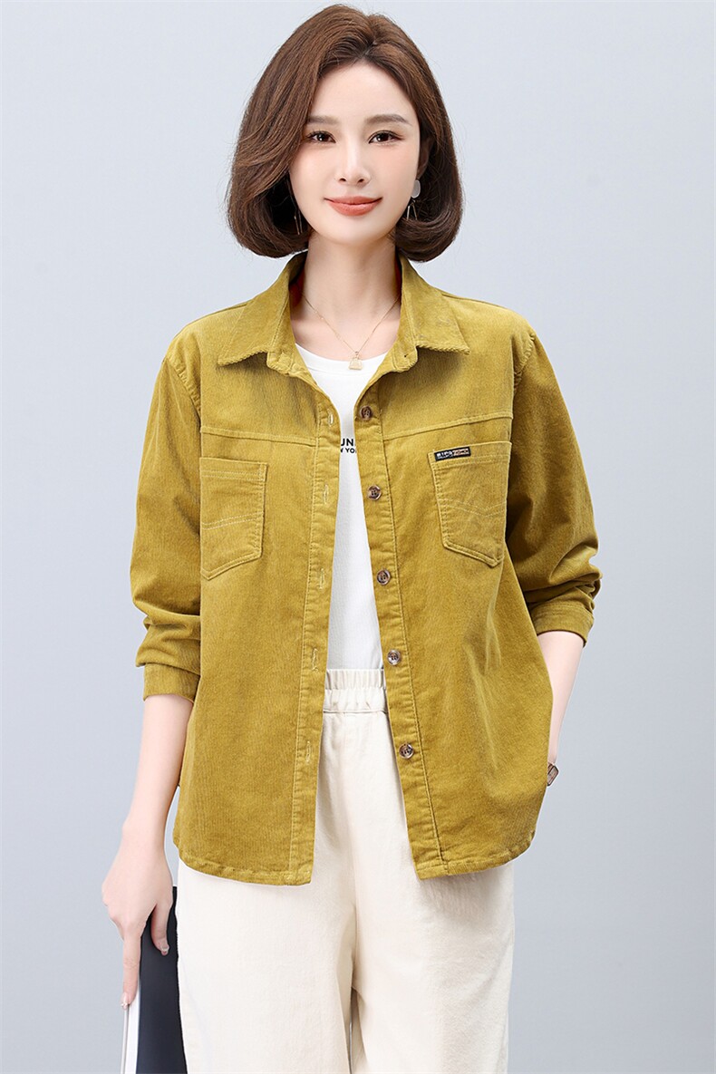 灯芯绒长袖衬衫女春秋新款大码宽松中年妈妈短款休闲衬衣外套,女装短外套,曼沙奕珂