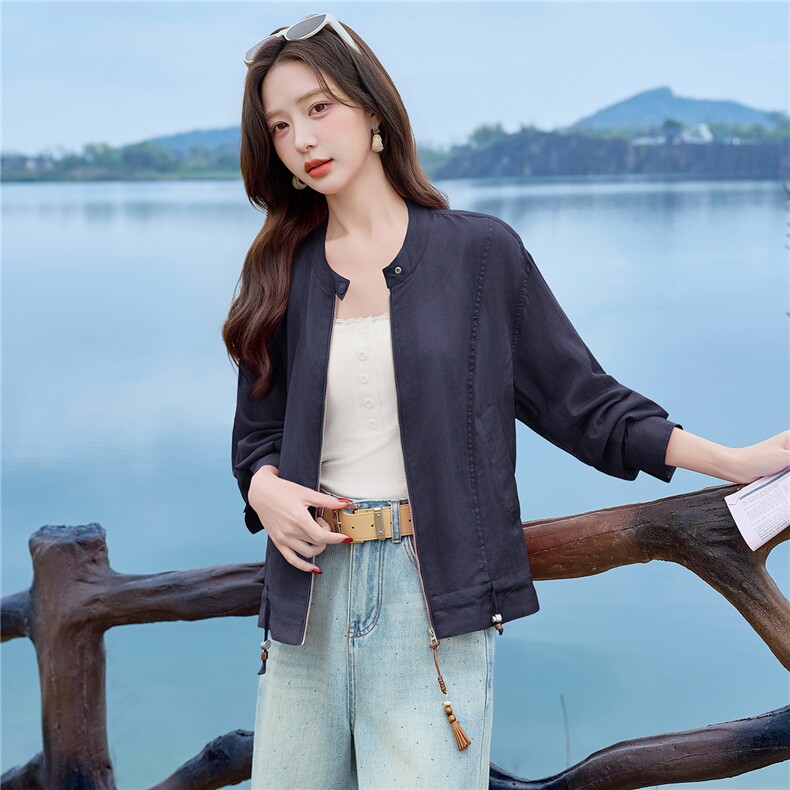 2026年夏季新款薄款防晒衣休闲苎麻长袖外套女,女装防晒衣,美沁
