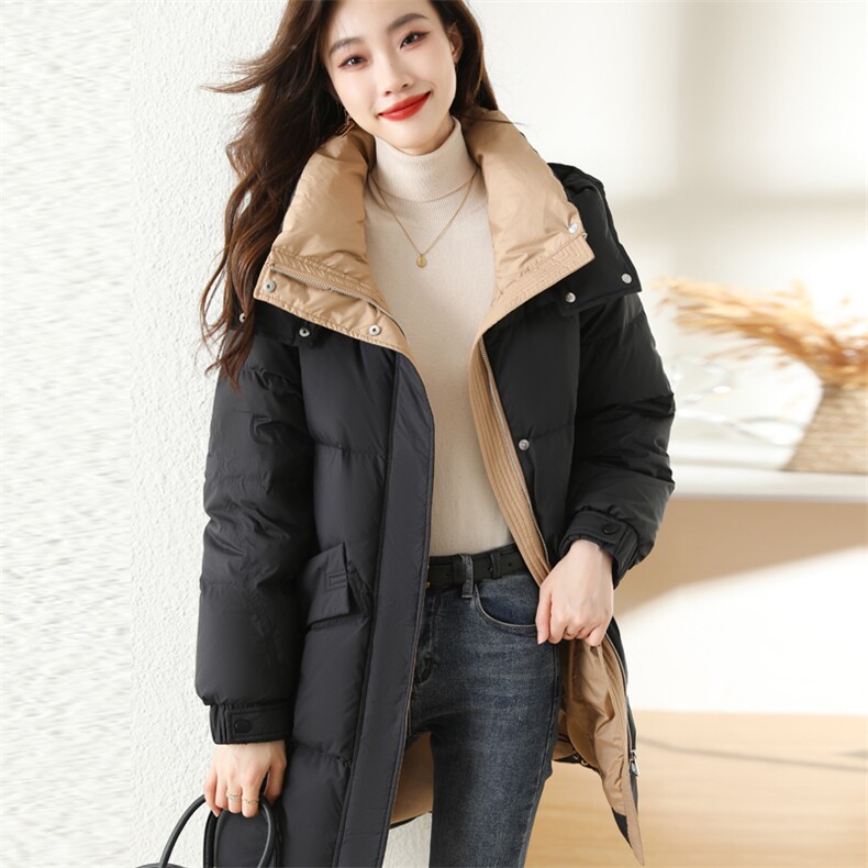 现货宽松中长款连帽羽绒服女2025冬季新款面包服撞色洋气设计感潮,女装羽绒服,梦懿尔