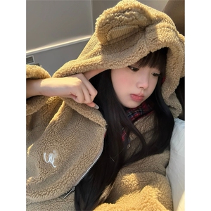 小熊耳朵羊羔毛绒女士短款秋冬季连帽厚外套 MH927图片