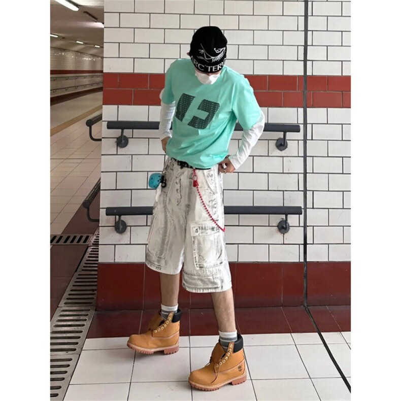 街头白色做旧工装水洗牛仔短裤男女夏款小众多口袋宽松直筒七分裤,男装牛仔裤,星座505-2（原电商A260-1)