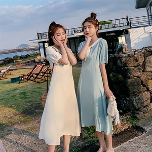 中长款纯色小清新连衣裙2021夏季新款休闲时尚舒适,亲子穿搭时尚图片