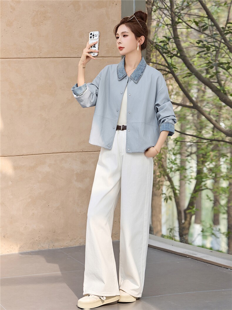现货外套女2026新款春拼接牛仔简约翻领软皮衣夹克上衣女装PU,女装皮衣,依万里
