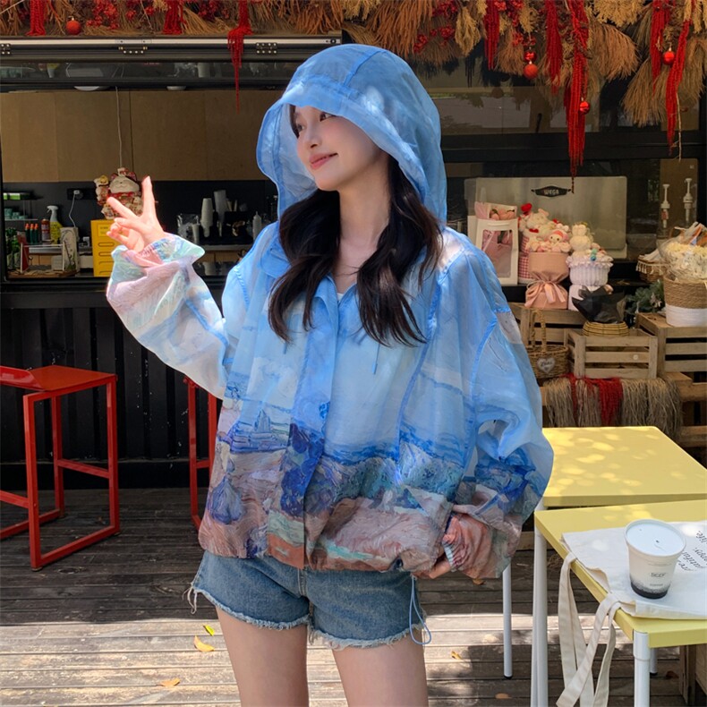 2026新款夏印花防晒衣服女宽松连帽轻薄外套潮182A8657P105K158，女装防晒衣，浙宝182A