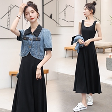 法式复古牛仔短袖外套时尚套装女夏季高级感黑色吊带连衣裙两件套，女装套装/套裙，靓星雨