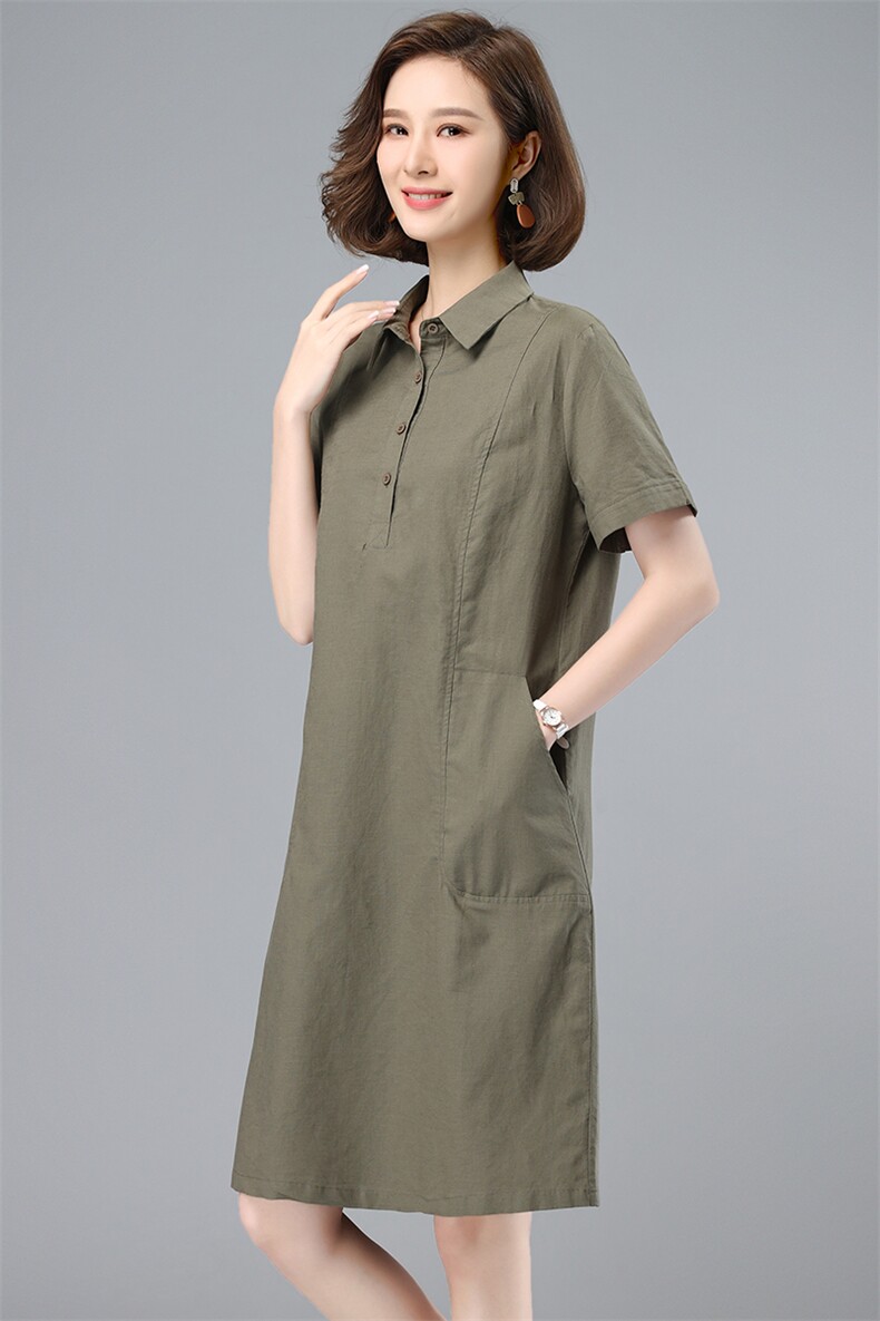 棉麻连衣裙女2025夏季新款中年妈妈气质休闲短袖直筒裙衬衫领裙子,女装连衣裙,韩派