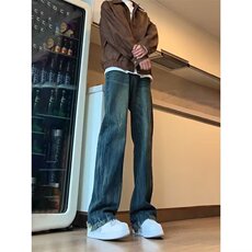 美式高街vibe裤子复古闪电纹牛仔裤男款夏季高级感微喇直筒裤新款，男装牛仔裤，星座506A