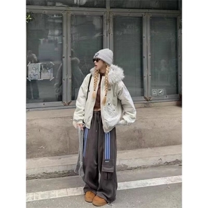 毛领连帽棉服外套新款长袖美式加厚宽松派克服棉衣LF1014p95图片