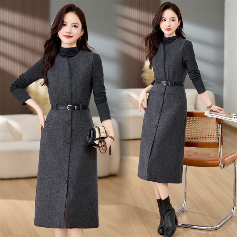 高级感气质羊毛呢加厚背带马甲连衣裙两件套女2025秋冬新款套装裙，女装套装/套裙，美沁