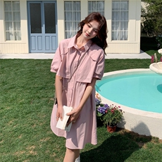 韩系设计感工装风连衣裙女2025夏新款POLO领宽松单排扣休闲衬衫裙，女装连衣裙，浪娴服饰