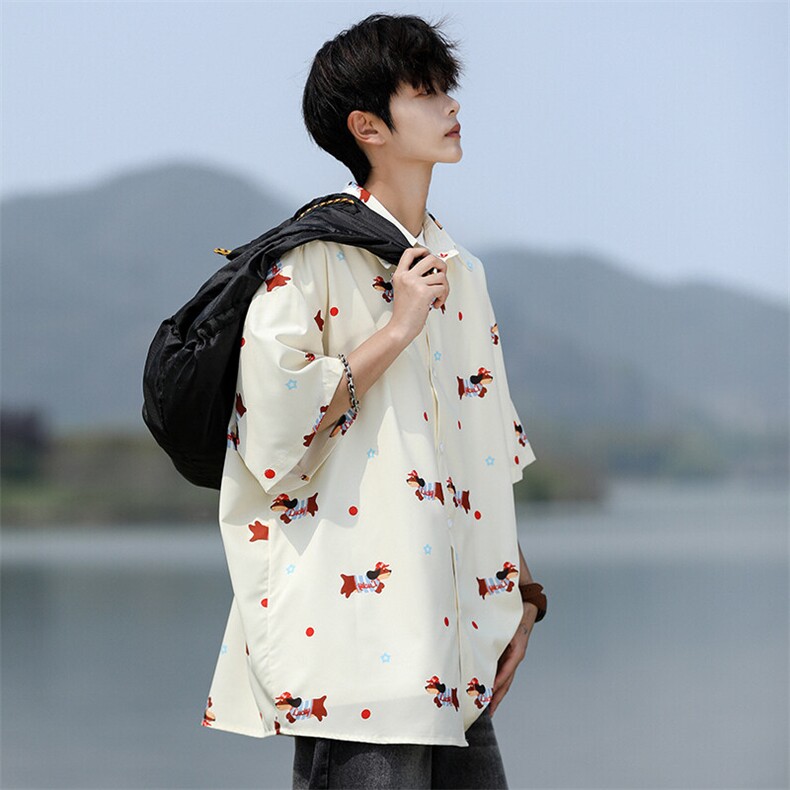 8XL-M腊肠狗花衬衫男短袖夏季冰丝薄款花衬衣寸衫外套DC28003P38,男装T恤,电商B312