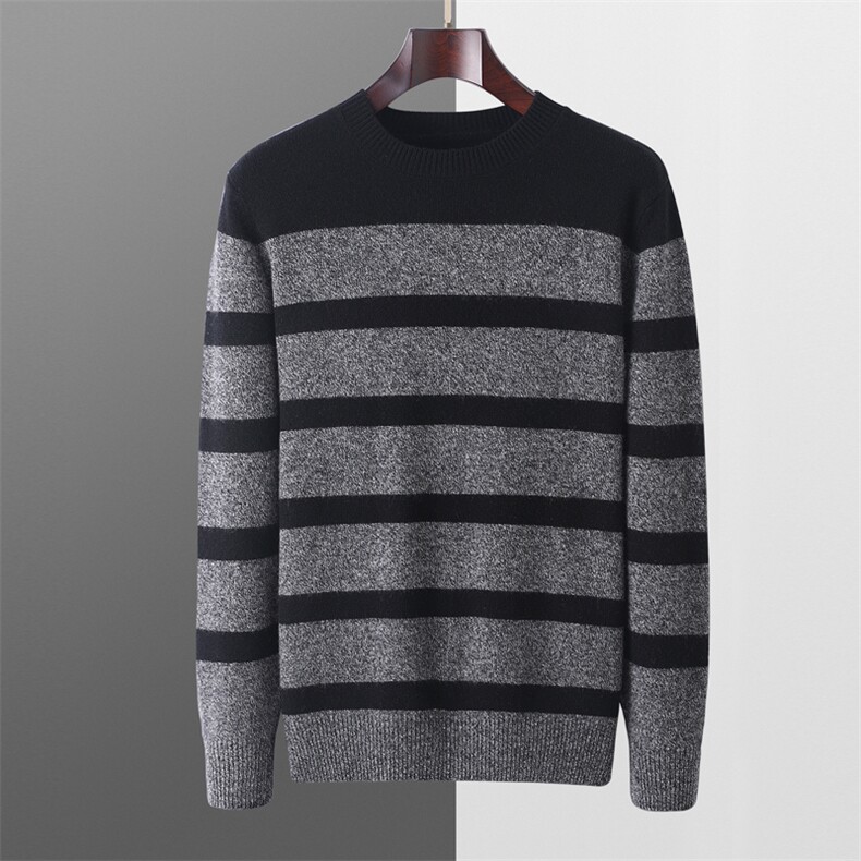 时尚撞色条纹设计感圆领百搭经典男士羊毛衫男装，男装羊毛衫，冬季工坊