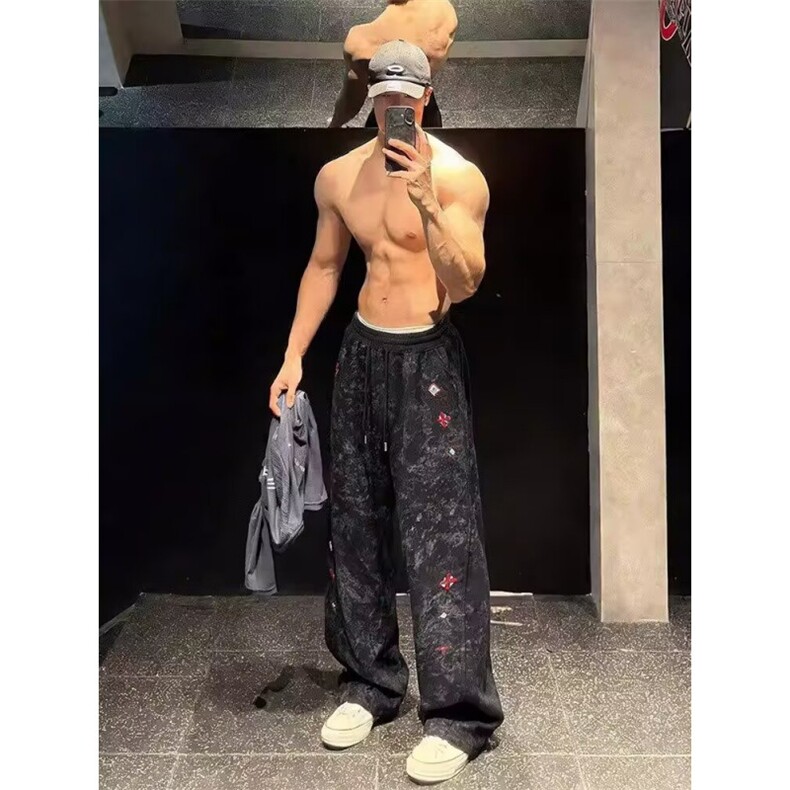 潮牌拼接扎染加绒卫裤男冬季美式设计感百搭弯刀裤重磅运动休闲裤,男装休闲裤,四季星座505
