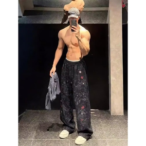 潮牌拼接扎染加绒卫裤男冬季美式设计感百搭弯刀裤重磅运动休闲裤图片