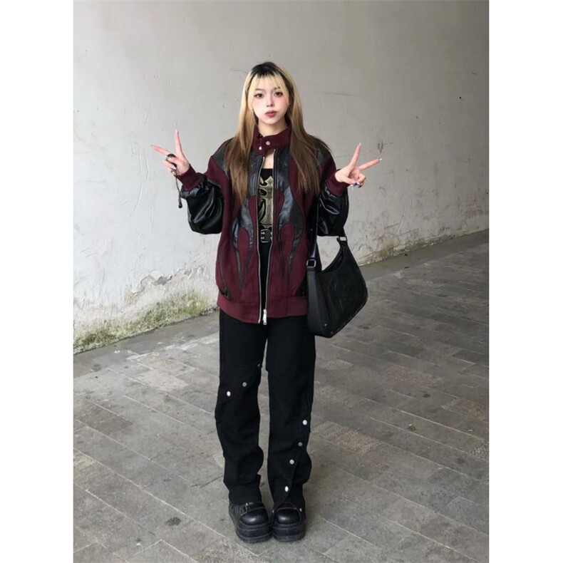 有货酒红撞色拼接皮衣棒球服外套男女款春秋机车夹克J31HH-特P76,男装夹克,星座1007（原301D）