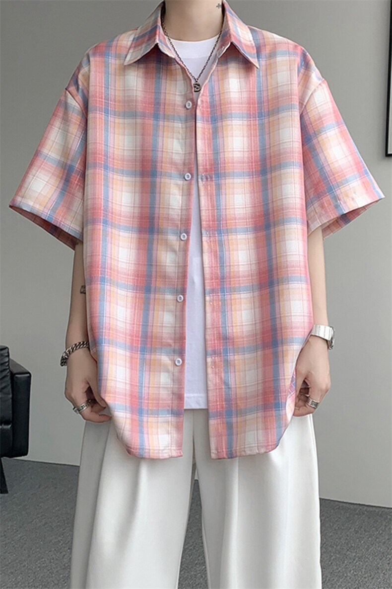 8XL-M格子短袖衬衫男夏季薄款DK制服衬衣JK学院风半袖外套DC28004,男装T恤,电商B312