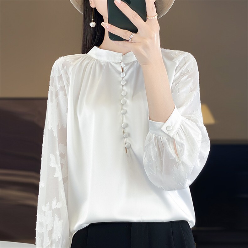 春季新款真丝衬衣女宽松百搭时尚打底衫气质内搭醋酸缎面上衣圆领图片