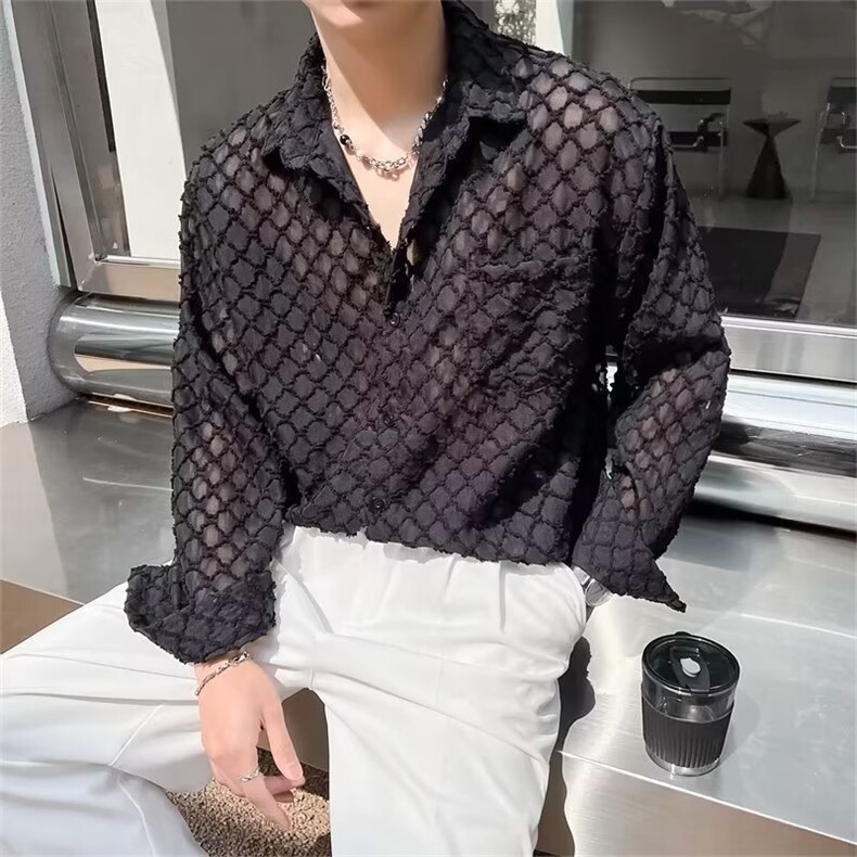 痞帅镂空长袖衬衫男士秋季高级感宽松上衣潮流C650-P50,男装衬衫,星座1109-3