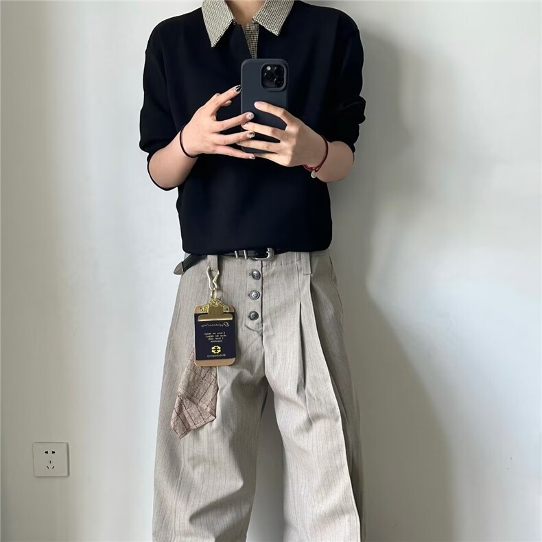 T55-P35简约格子假两件polo翻领卫衣男款ins潮流长袖打底衫,男装Polo衫,电商B323A