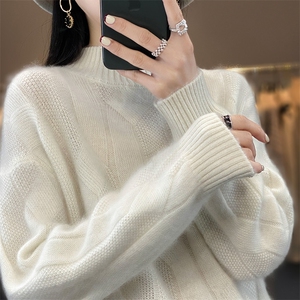中长款半高领100%羊毛衫女扭花针织毛衣连衣裙宽松羊绒衫过膝长裙图片