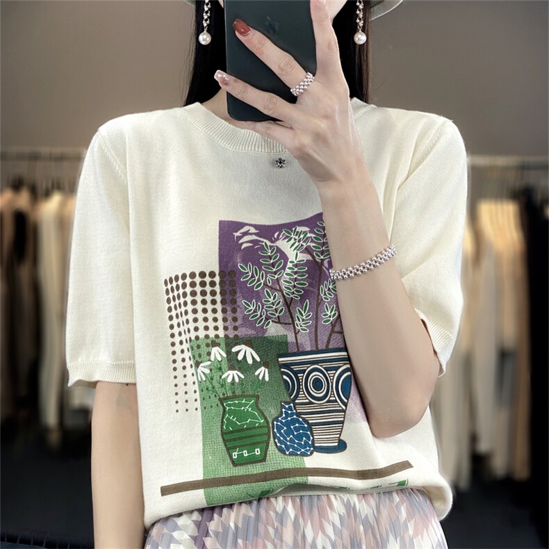 夏季新款100%纯棉针织短袖女圆领拼色印花T恤宽松大码半袖上衣图片