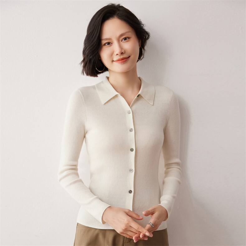 秋冬新款洋气时尚百搭显瘦女款POLO领35%山羊绒开衫,女装羊绒衫,艾巧羊绒