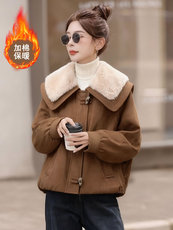 秋冬宽松超好看鹿皮绒棉服时尚减龄羊羔毛翻领夹棉加厚外套女，女装棉衣/棉服，韩蔻秀