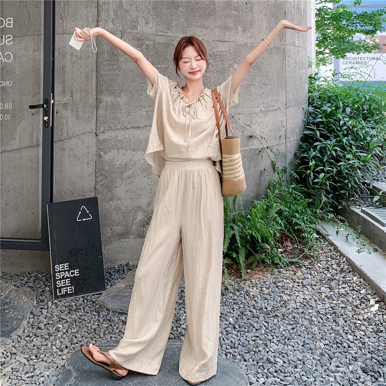短袖上衣高腰阔腿裤时尚套装女2025年夏季新款韩系休闲显瘦两件套,女装套装/套裙,2C262