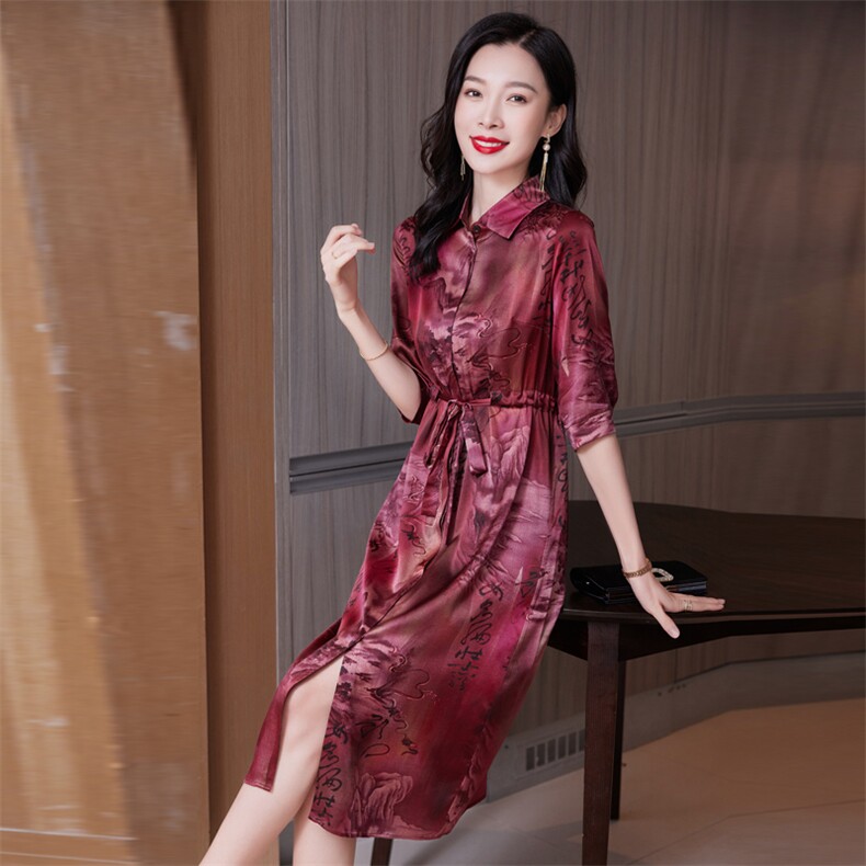 重磅真丝连衣裙女夏季2026新款拼接复古风印花显瘦真丝裙子,女装连衣裙,阿舍尔精品