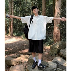 日系夏季纯色短袖衬衫男女宽松oversize五分工装休闲衬衣P34，男装衬衫，星座1116-2