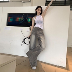 美式复古灰色阔腿牛仔裤女春秋垂感高腰小个子宽松显瘦直筒拖地裤，男装牛仔裤，星座506A