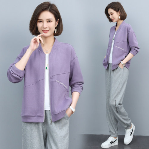 卫衣女外套2024新款春秋薄款大码宽松中年妈妈洋气开衫夹克棒球服，女装短外套，涵誉