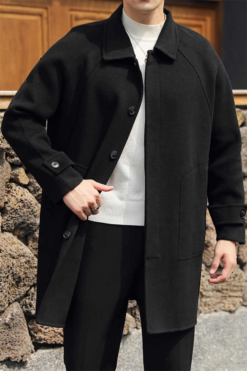 8634-P298中长款男士双面尼冬季羊毛风衣外套M-4Xl-黑色,男装风衣,电商A211