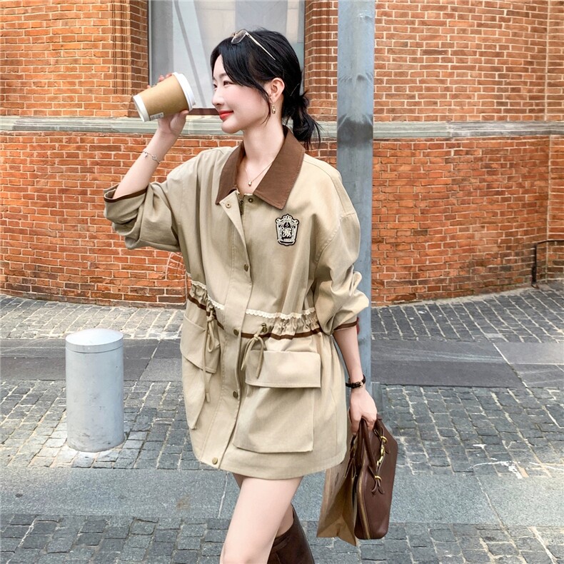新款小个子休闲气质大衣卡其色翻领中长款风衣外套秋,女装风衣,浙宝290（原306）