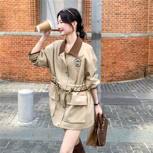 新款小个子休闲气质大衣卡其色翻领中长款风衣外套秋图片