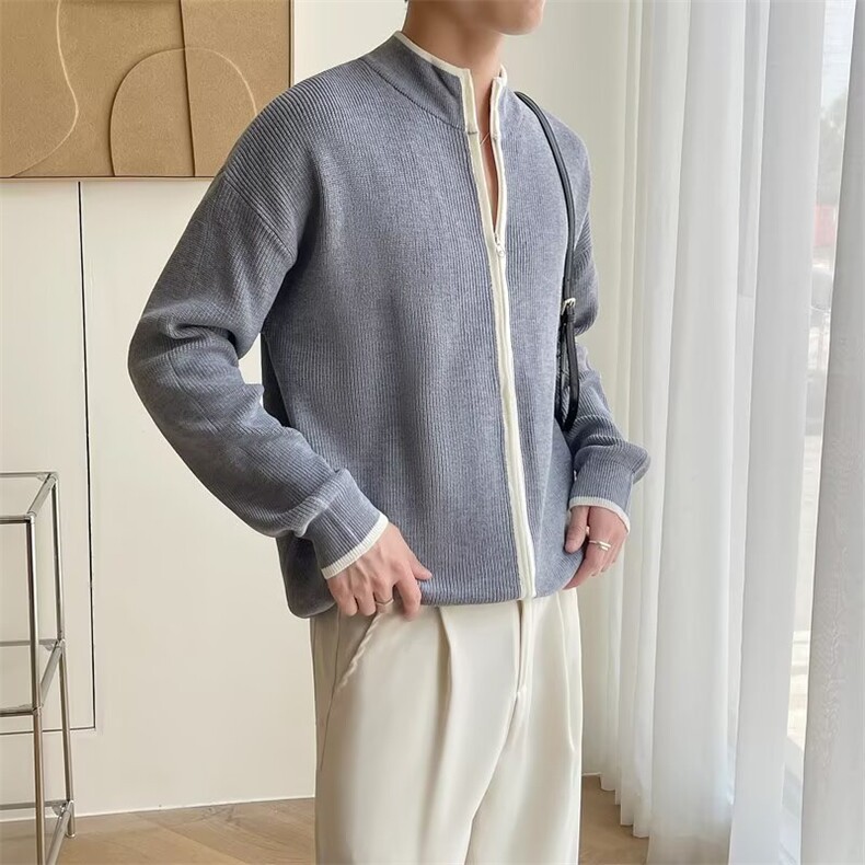 美式拉链开衫毛衣男春高街立领针织衫外套潮牌百搭休闲情侣上衣,男装针织衫/毛衣,星座715-4
