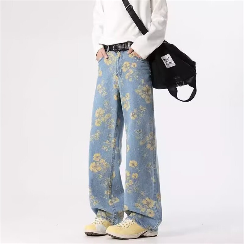复古满印花小众设计直筒宽松牛仔裤男秋高街休闲阔腿裤AMD256P51，男装牛仔裤，星座1013-5