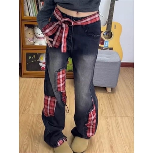 蝴蝶结格子拼接牛仔裤欧美高街hiphop裤子男款微喇直筒裤 N1077图片