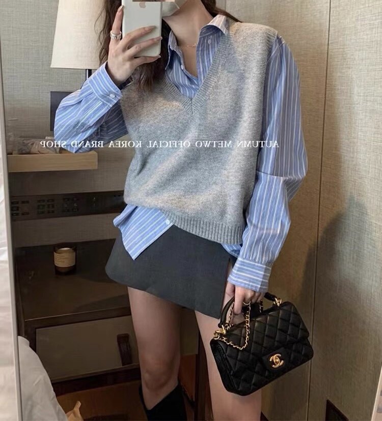 马甲女款2024新款春秋V领宽松坎肩灰色外穿针织背心外搭无袖上衣,女装马甲,嘉日羊绒