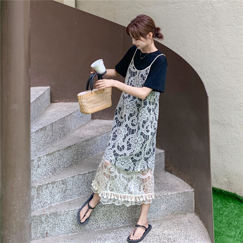 吊带蕾丝罩衫叠穿T恤裙套装女2025夏季新款设计感宽松显瘦连衣裙,女装套装/套裙,2C203