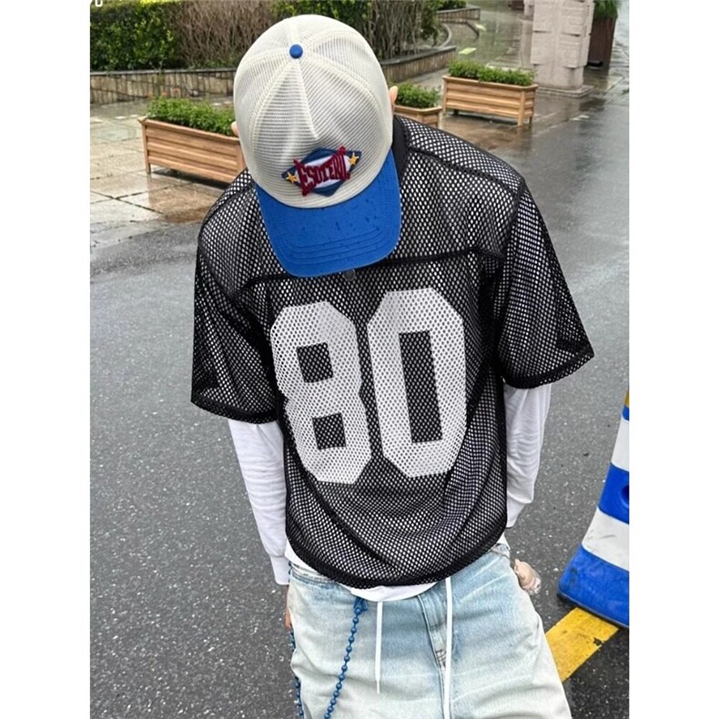 现货马思唯同款印花橄榄球服镂空网眼宽松男女短袖T恤T197/特P32图片