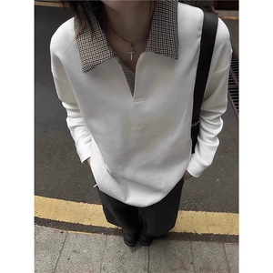W87-P37简约格子假两件polo翻领卫衣男款ins潮流长袖打底衫