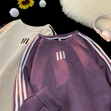 麂皮绒卫衣男春秋季日系复古条纹套头上衣服重磅宽松休闲无帽外套，男装卫衣，星座410-7