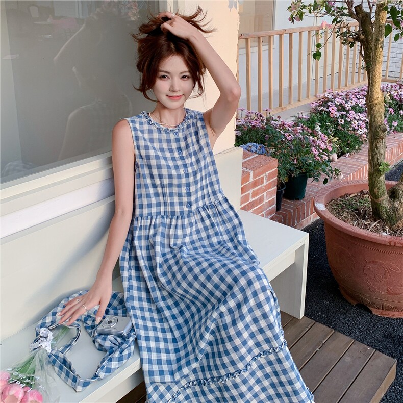 法式复古蓝色格子无袖背心连衣裙女夏2025新款气质温柔风超火长裙,女装连衣裙,2C088