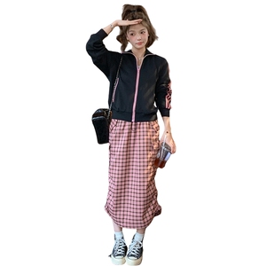 粉色格子立领卫衣套装裙女2025秋季高级感韩系学院风半身裙两件套图片
