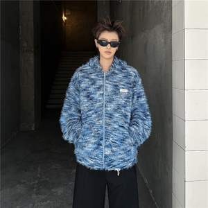 潮牌情侣美拉德油画渐变条纹毛衣男女宽松开衫外套潮针织衫图片